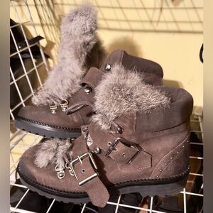 Gianni Bini Taupe Suede and Rabbit Fur moto boots